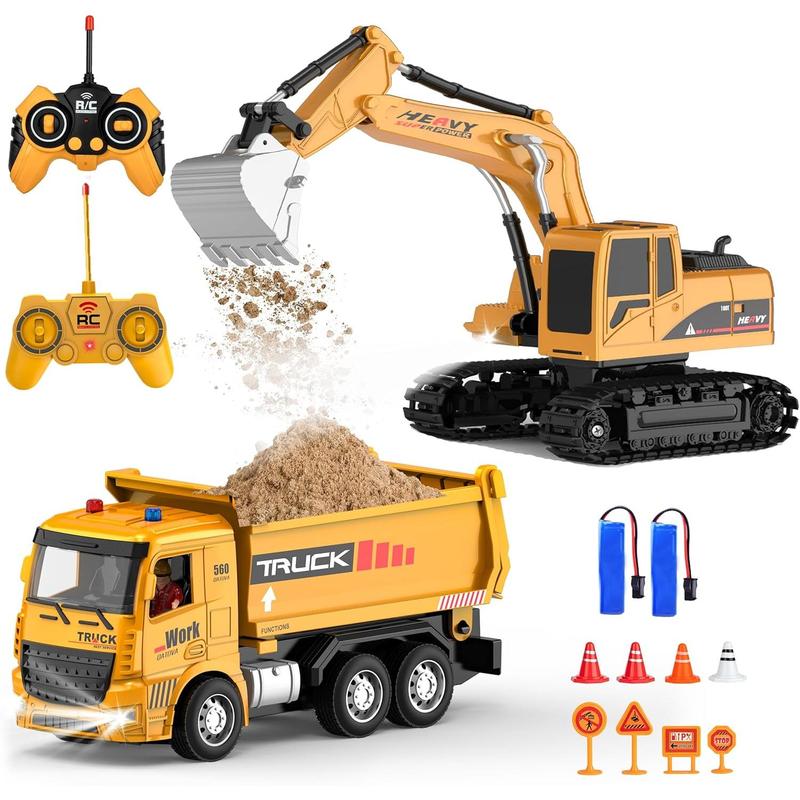 RC Construction Vehicles Toy Trucks for Boys 8-12 - Excavator Toy and Dump Truck with Road Barricades, Signs, 6 CH Remote Control Car for Kids Birthday Present