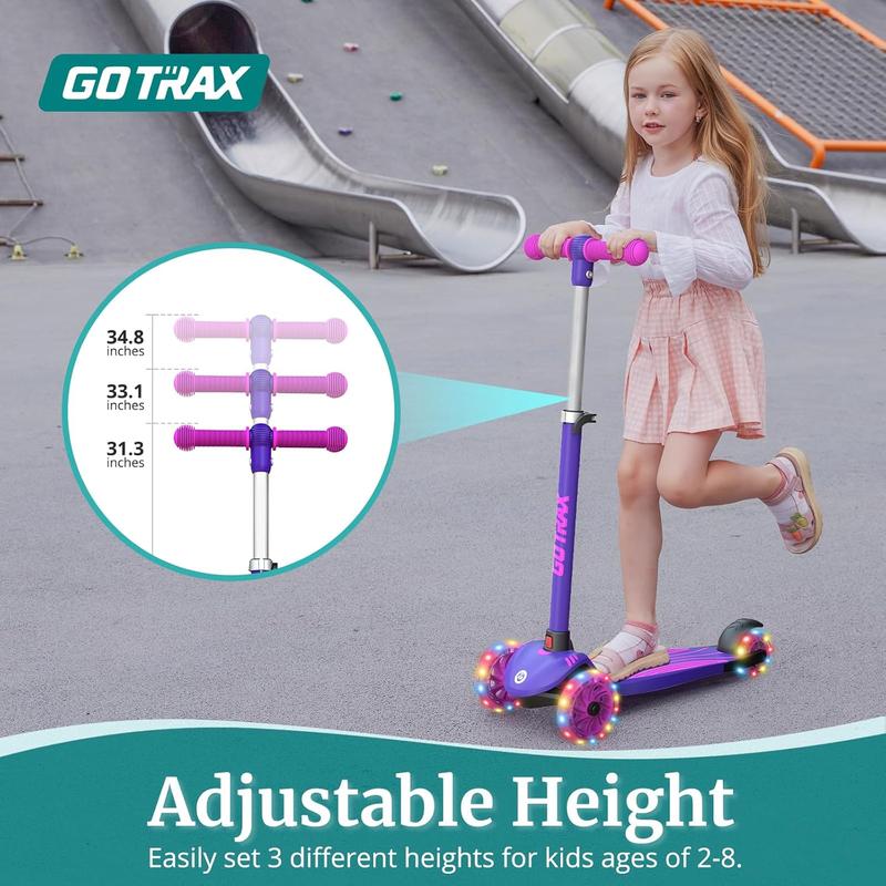 Gotr  KS1 Kids Kick Scooter, LED Lighted Wheels and 3 Adjustable Height Handlebars, Lean-to-Steer & Widen Anti-Slip Deck, 3 Wheel Scooter for Boys & Girls Ages 2-8 and up to 100 Lbs