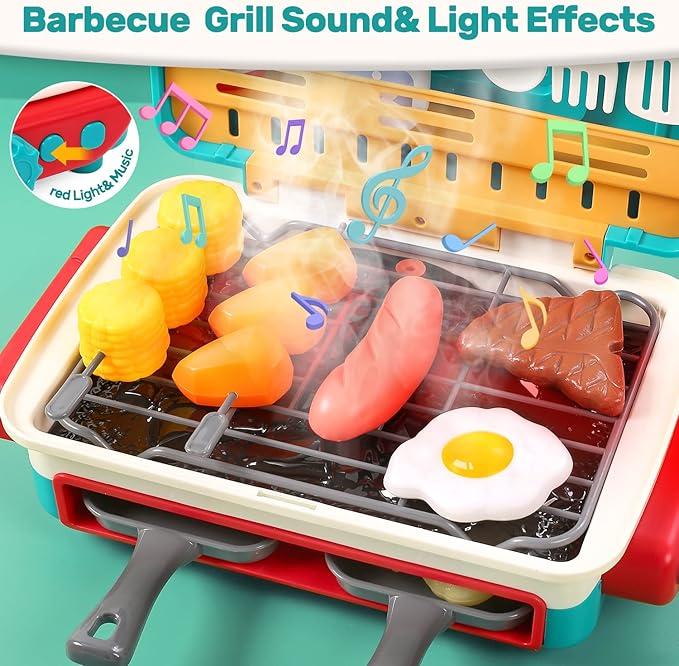 Kids BBQ Grill Toy, Barbecue Kitchen Cooking Playset with Realistic Spray, Light & Sound, Color Changing Play Food & Dishes Toy, Pretend BBQ Accessories Set for Girls Boys Toddler