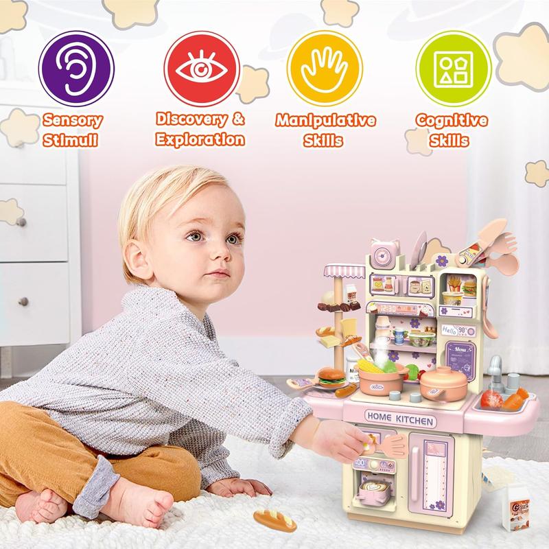 Mini Kids Kitchen Play Set, Play Kitchen Toy for Doll House with Realistic Steam and Lights, Cyclic Water System, Pretend Cooking Food Accessories, Role Playing Game for Kids, Gift for Girls (Pink)