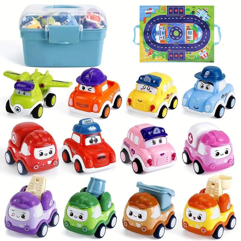 Mini Cute Cartoon Car Toy with Map & Storage Case, 12pcs set Pull Back Inertia Car Toy, Birthday Gift for Kids