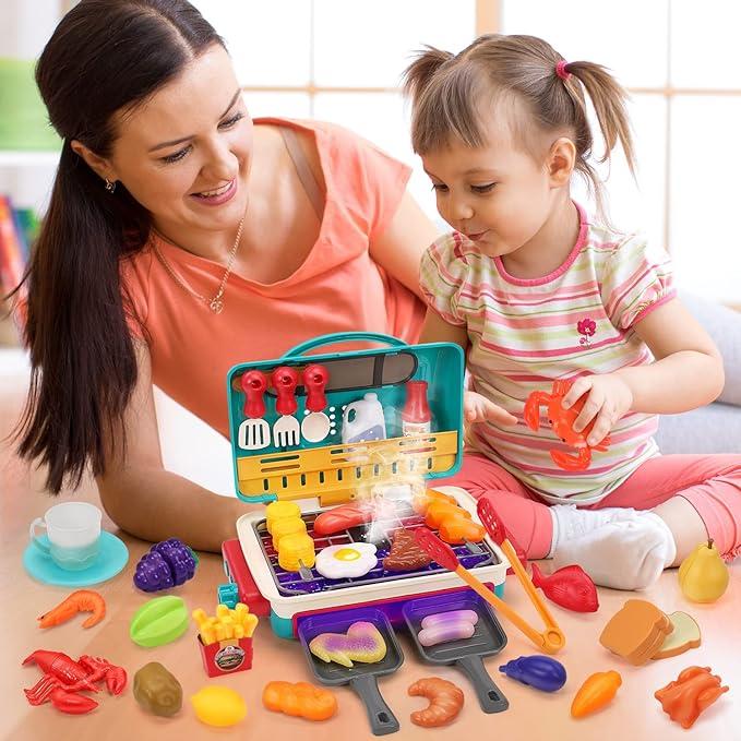 Kids BBQ Grill Toy, Barbecue Kitchen Cooking Playset with Realistic Spray, Light & Sound, Color Changing Play Food & Dishes Toy, Pretend BBQ Accessories Set for Girls Boys Toddler