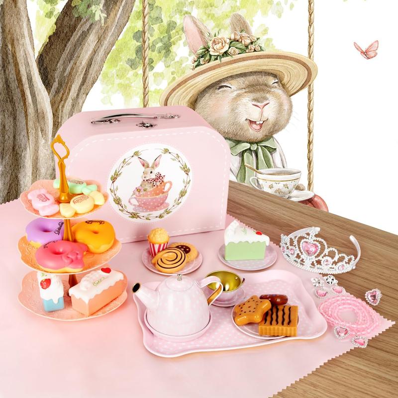 Christmas tea Party Set for Little Girls, 49PCS Princess Tea Time Toys Including Tea Set Dessert Carrying Case, Kids Kitchen Pretend Playset, Tea Set for Girls Birthday Toddler Gifts Age 3-8