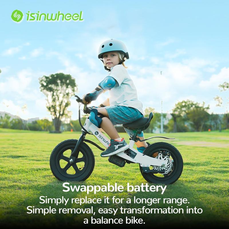 Isinwheel SK12 Electric Balance Bike for Kids Ages 3-5, 150W Motor with Swappable Battery, Adjustable Seat and 12-inch Inflatable Tire, Electric Motorcycle for Boys & Girls