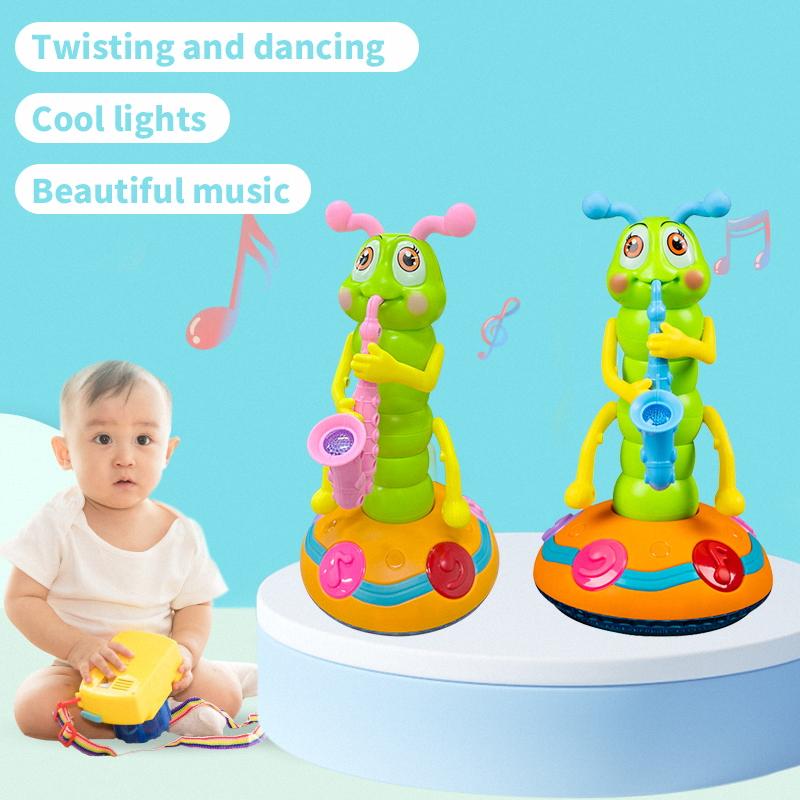 Electric Universal Singing Caterpillar Toy Playing Saxophone Colorful Lights Music Twisting Caterpillar