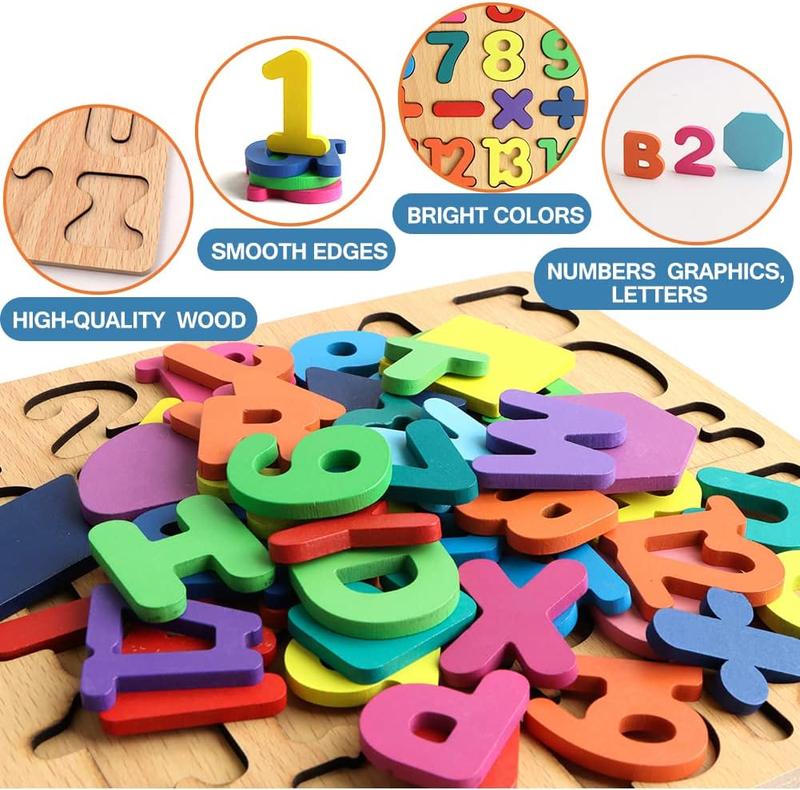 Wooden Puzzles for Toddlers, Wooden ABC Alphabet Letter Number Shape Puzzles Toddler Learning Puzzle Toys for Kids Boys Girls 2-4 Years Old, 3 in 1 Puzzles Educational Blocks Board Toys Ages 1-3