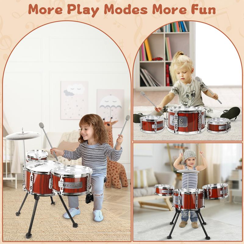 Kids Drum Set Music Toy Drum Set for Toddlers Ages 3-5 Jazz Drum Kit with Stool, 3 Drums Percussion Musical Instruments Toys for 3 4 5 Year Old Boys Girls Gifts