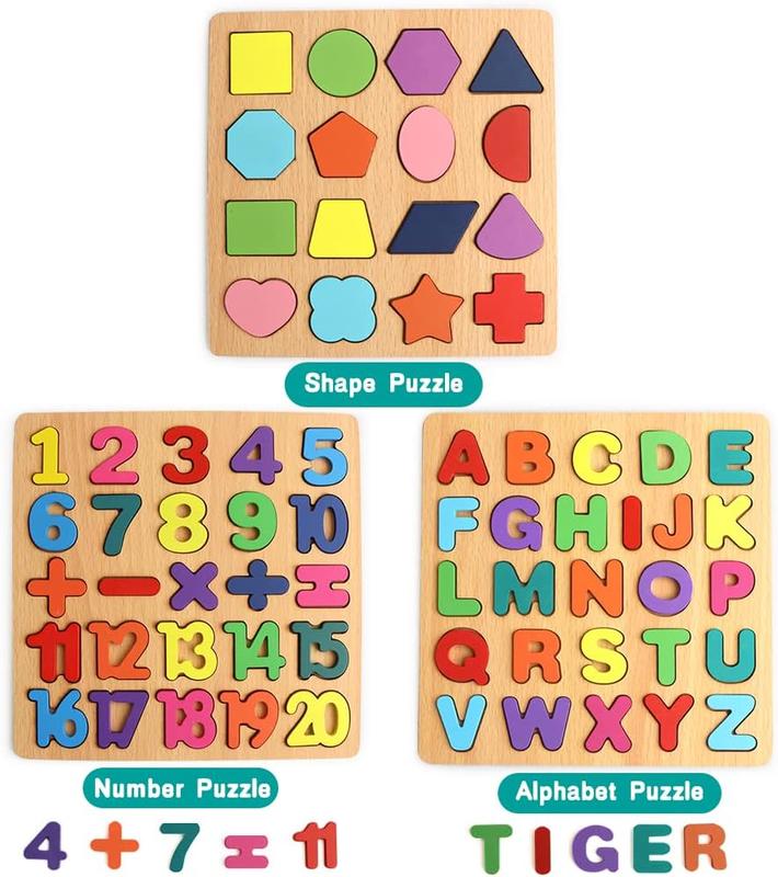 Wooden Puzzles for Toddlers, Wooden ABC Alphabet Letter Number Shape Puzzles Toddler Learning Puzzle Toys for Kids Boys Girls 2-4 Years Old, 3 in 1 Puzzles Educational Blocks Board Toys Ages 1-3