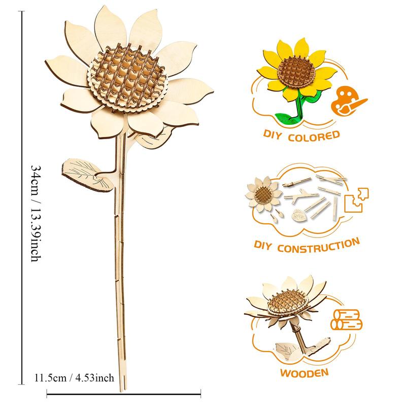 Wooden Rose Sunflower DIY Assembly Painting Flowers, 1 Box DIY Paint by Yourself Wood Flower Bouquet, DIY Handmade Flower for Holidays Birthdays & Festivals