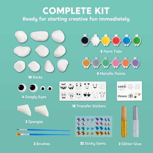 Rock Painting Kit, Arts and Crafts for Girls & Boys Ages 6-12, DIY Supplies for Painting Rocks, Easter Craft Kits Art Set, Toddler Birthday Christmas Presents, Family Indoor Activity