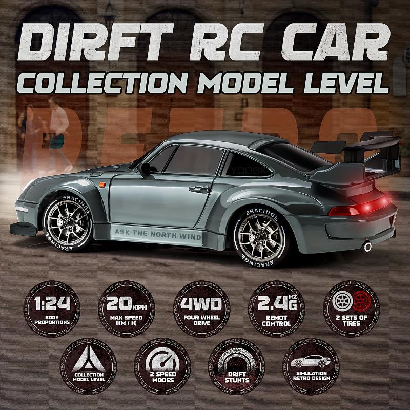 Rc Drift Car 1:24 Scale 4WD Remote Control Car 2.4 GHZ 20km h High Speed Racing Car With Drift Tires, Roadblocks And LED Headlights Dual Batteries Best Christmas, Halloween, Thanksgiving Gift