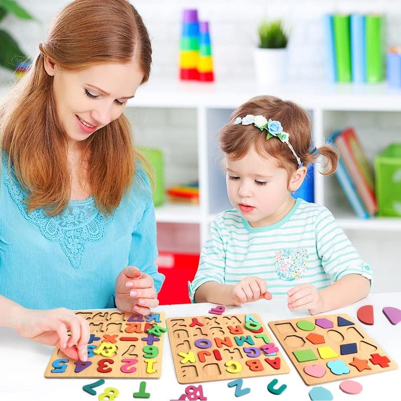 Wooden Puzzles for Toddlers, Wooden ABC Alphabet Letter Number Shape Puzzles Toddler Learning Puzzle Toys for Kids Boys Girls 2-4 Years Old, 3 in 1 Puzzles Educational Blocks Board Toys Ages 1-3