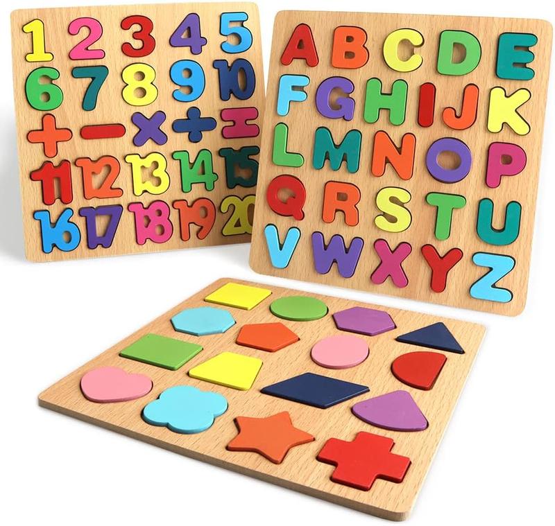 Wooden Puzzles for Toddlers, Wooden ABC Alphabet Letter Number Shape Puzzles Toddler Learning Puzzle Toys for Kids Boys Girls 2-4 Years Old, 3 in 1 Puzzles Educational Blocks Board Toys Ages 1-3