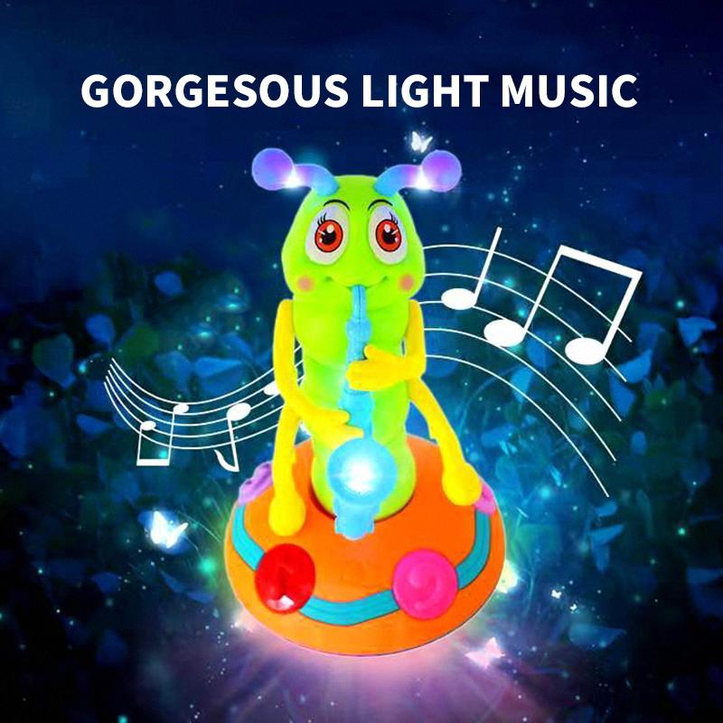 Electric Universal Singing Caterpillar Toy Playing Saxophone Colorful Lights Music Twisting Caterpillar