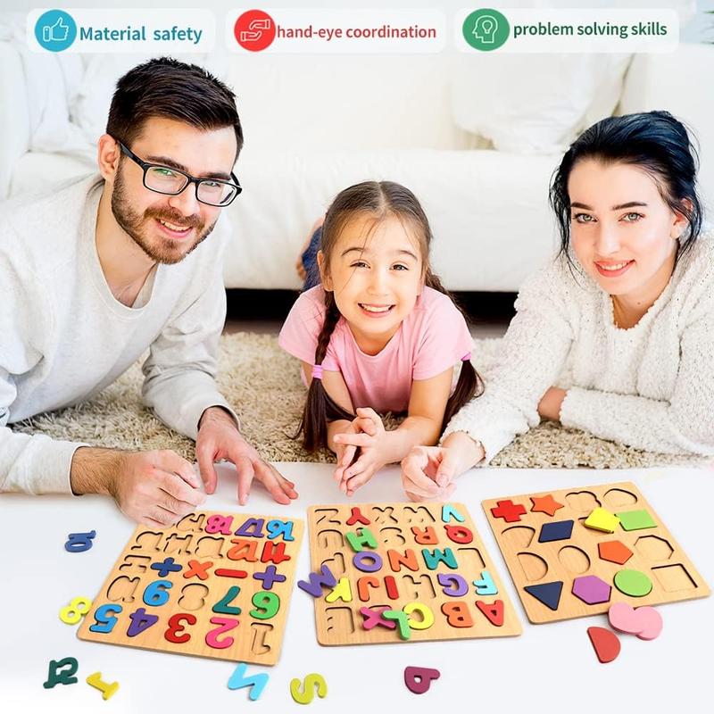 Wooden Puzzles for Toddlers, Wooden ABC Alphabet Letter Number Shape Puzzles Toddler Learning Puzzle Toys for Kids Boys Girls 2-4 Years Old, 3 in 1 Puzzles Educational Blocks Board Toys Ages 1-3