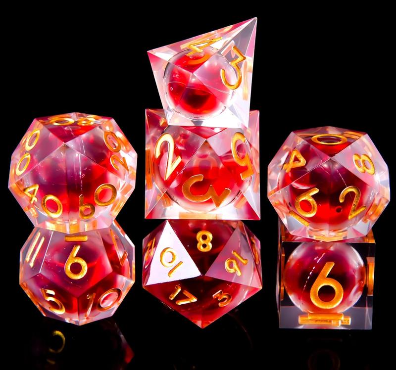 Blood Liquid Core DND Dice Set - 7-Piece Handmade Polyhedral Resin Dice with Sharp Edges for Dungeons and Dragons.