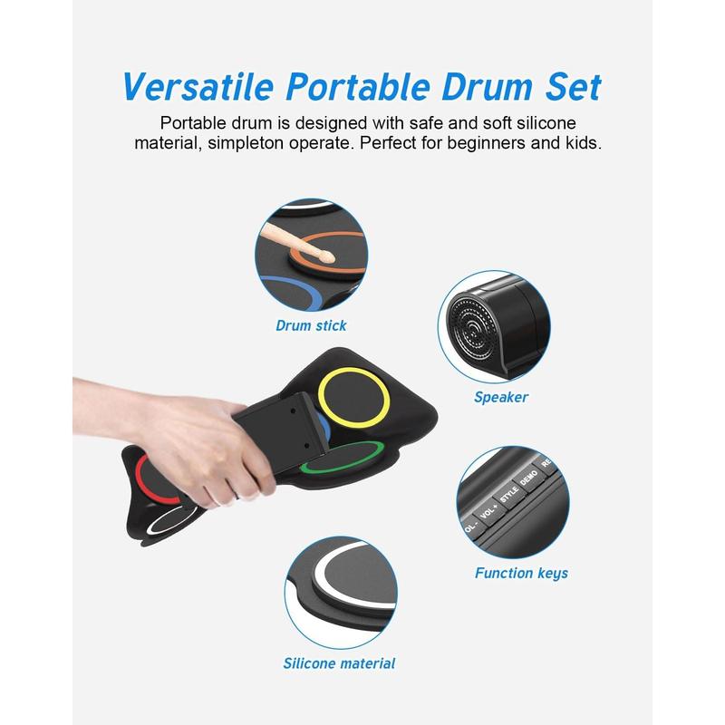 Drum Pad 7 Pads Practice Drum Kit with Dual Speakers, Support Headphone MIDI Modes, Thickened and Widened Rainbow Roll-Up Drum Pads, Ideal Christmas Birthday Gift For Beginners