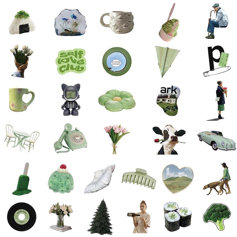 Green Theme Sticker, 62pcs set Self Adhesive Decorative Stickers, DIY Decals for Water Bottle, Phone Case, Scrapbooking, Journal Making, Gift Wrapping