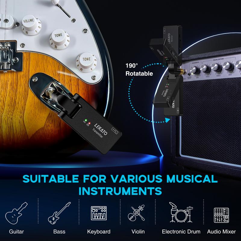  LEKATO WS-100 2.4Ghz Wireless Guitar System with Charging Box,Rechargeable Portable Transmitter Receiver Kit, 100ft Transmission Range Audio System Set,for Electric Guitar Bass Keyboard Volin Drum,Music Band Player Song Writer Christmas Gift