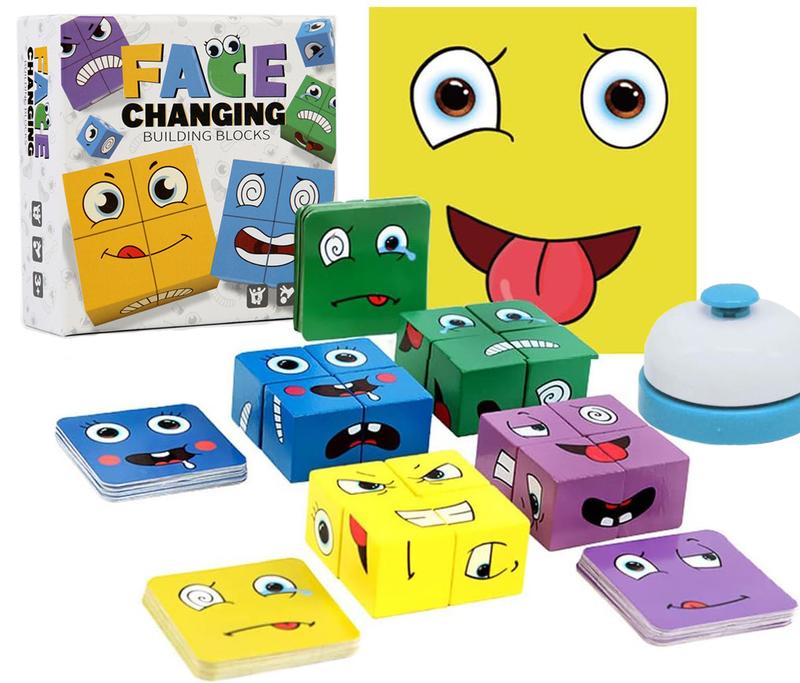 Wooden Face Changing Magic Cube Building Blocks Game,Expression Puzzle Building Blocks Pattern Matching Game for Family Night,Match Puzzles Geometric Educational Toys for Kids and Adults matching game