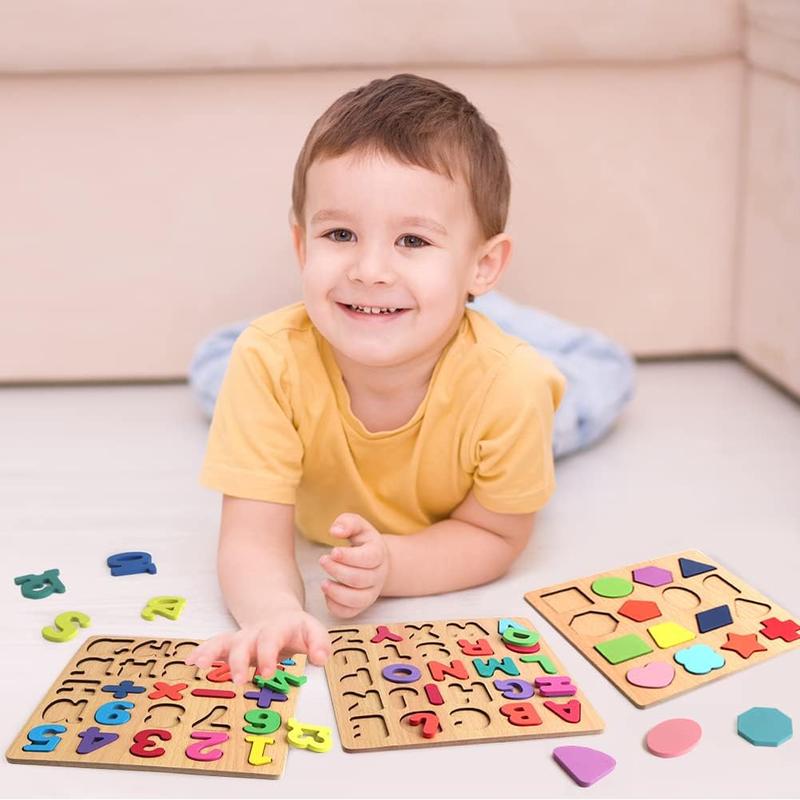 Wooden Puzzles for Toddlers, Wooden ABC Alphabet Letter Number Shape Puzzles Toddler Learning Puzzle Toys for Kids Boys Girls 2-4 Years Old, 3 in 1 Puzzles Educational Blocks Board Toys Ages 1-3