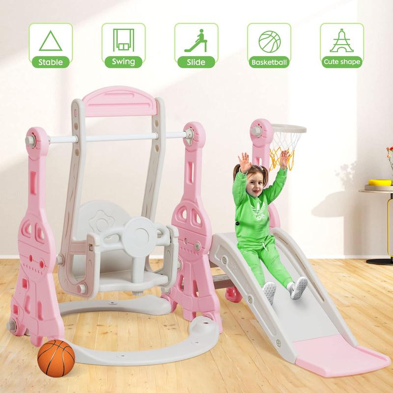 4-in-1 Compact Slide and Swing Set, Family Slide for Boys and Girls Aged 1 to 4, Slide with Basketball Hoop, Indoor and Outdoor Slide Play Facilities and Playgrounds Easy to assemble. incandescent christmas lights