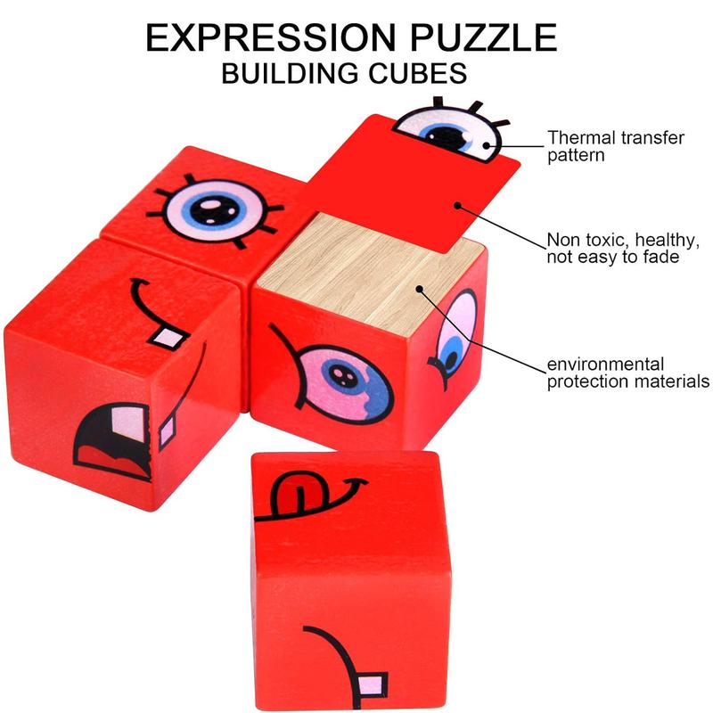 Wooden Face Changing Magic Cube Building Blocks Game,Expression Puzzle Building Blocks Pattern Matching Game for Family Night,Match Puzzles Geometric Educational Toys for Kids and Adults matching game