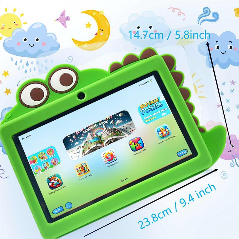 7 Inch Learning Tablet with Cartoon Design Case, 4GRAM+32GROM Android 12 Tablet Educational Tool, HD Screen Montessori Education Study Pad