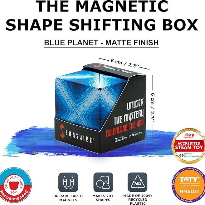 SHASHIBO Shape Shifting Box - Award-Winning, Patented Fidget Cube w  36 Rare Earth Magnets - Transforms Into Over 70 Shapes, Download Fun in Motion Toys Mobile App (Original Series - Blue Planet