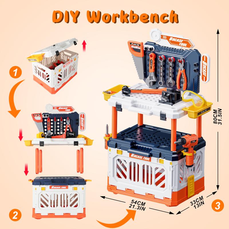 deAO Tool Bench, Realistic and Electric Drill, 90 Pcs Transformable Tool Set, 4 in 1 Pretend Play Construction Toys Gift