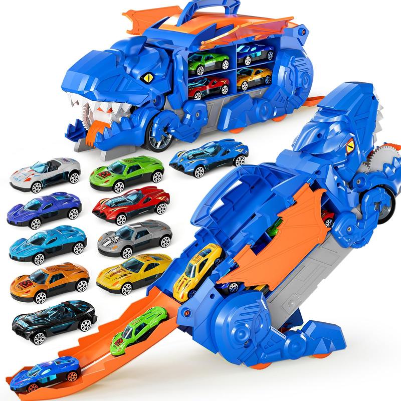 Transformed Dinosaur Truck Toy with 10 Diecast Racing Cars, Dino Transport Car with Wings and Handle , Birthday Gift for