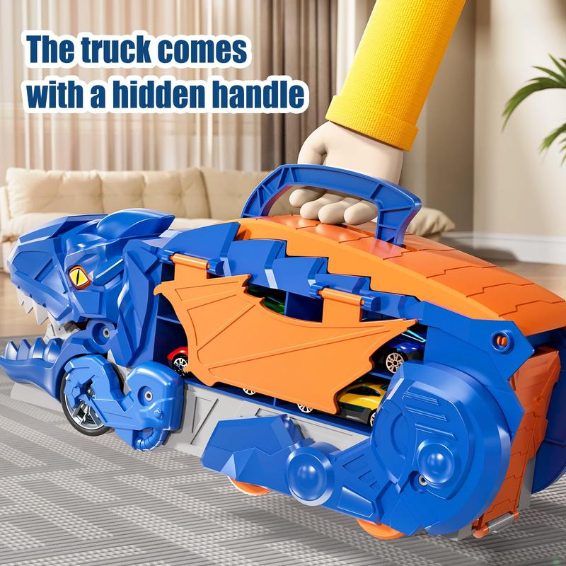 Transformed Dinosaur Truck Toy with 10 Diecast Racing Cars, Dino Transport Car with Wings and Handle , Birthday Gift for