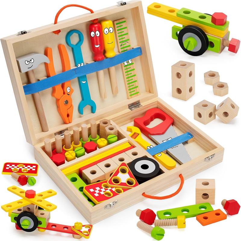 Kids Tool Set Toy, Stem Montessori Toys for 3 4 5 Years Old Boy Girl, 43 Pcs Wooden Toddler Tool Kits Inc Box, Learning Educational Construction Toy, Birthday for Kids