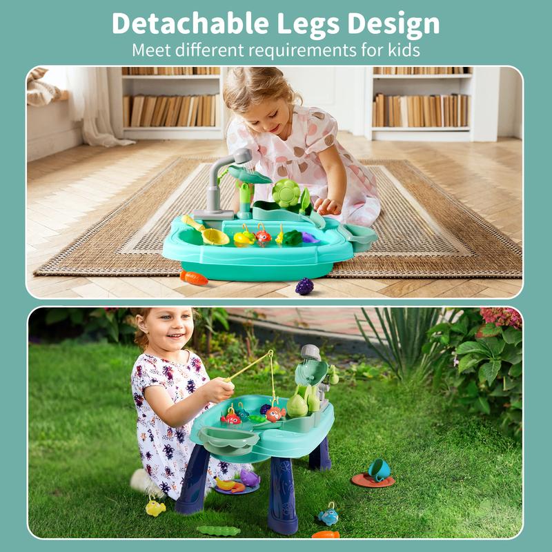 Geyiie Play Sink with Running Water for Toddlers, Includes Real Faucet, Kitchen Accessories, Fishing Toys and Waterwheel