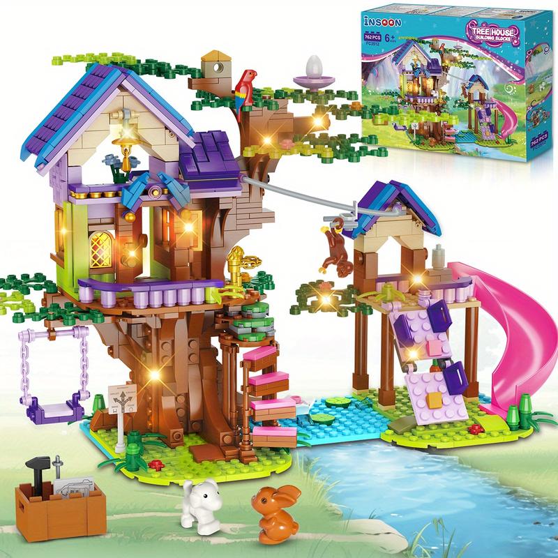 Hogokids Tree House Building Blocks Toys with LED Lights-751 Friendship Building Blocks with Slide Animals, Creative Forest Hut, Suitable for 6 7 8 9 10 11 12 Years Old Children and Girls Birthday Gift for Boy