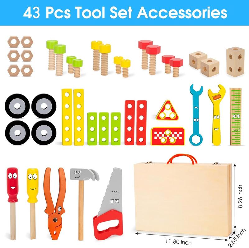 Kids Tool Set Toy, Stem Montessori Toys for 3 4 5 Years Old Boy Girl, 43 Pcs Wooden Toddler Tool Kits Inc Box, Learning Educational Construction Toy, Birthday for Kids