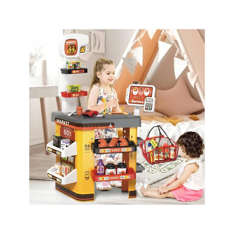 Supermarket Set Role Play Superstore For Kids, Shop Toys Supermarket With Light, Sound, Working Scanner, Shopping Cart And Accessories Included, Christmas Birthday Gift