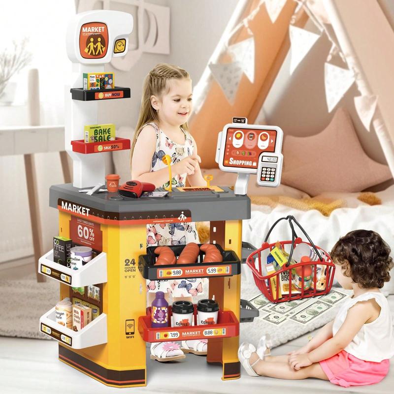 Supermarket Set Role Play Superstore For Kids, Shop Toys Supermarket With Light, Sound, Working Scanner, Shopping Cart And Accessories Included, Christmas Birthday Gift