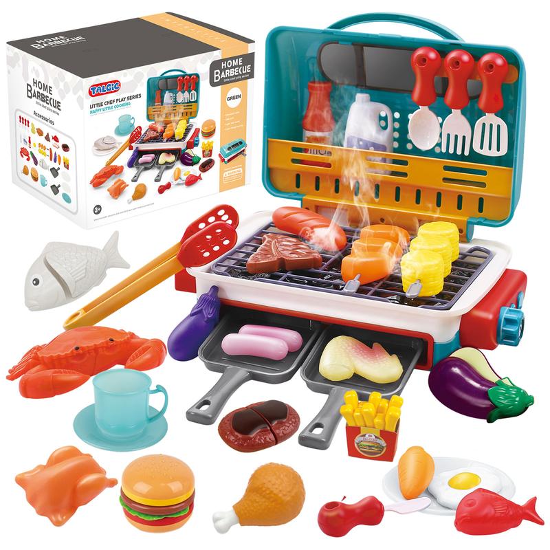 BBQ Grill Toy Set  with Steam and Smoke Change Color Effect Interactive Toy Aged 4 5 6 7 8 + Steak, Fried chicken legs, Color-changing Water Cups Pink Green