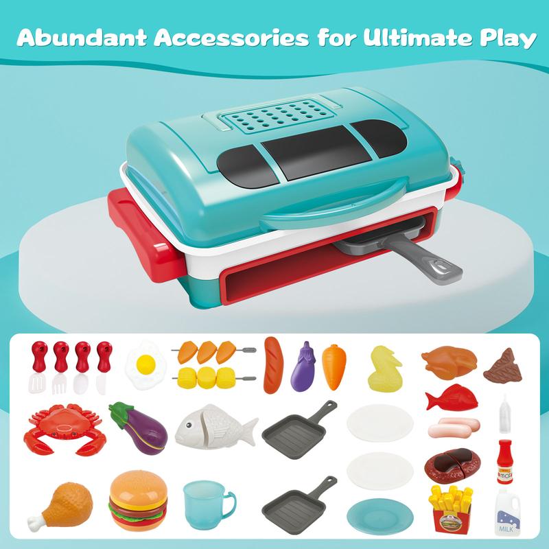 BBQ Grill Toy Set  with Steam and Smoke Change Color Effect Interactive Toy Aged 4 5 6 7 8 + Steak, Fried chicken legs, Color-changing Water Cups Pink Green