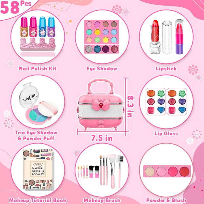 58 Pcs Kids Makeup Kit for Girl, Princess Toys Real Washable Cosmetic Set with Mirror, Play Make Up Birthday Gifts  Old Kid (Pink)