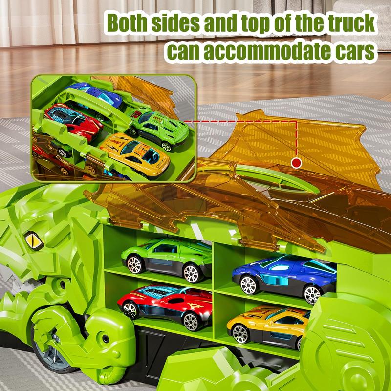 Transformed Dinosaur Truck Toy with 10 Diecast Racing Cars, Dino Transport Car with Wings and Handle , Birthday Gift for