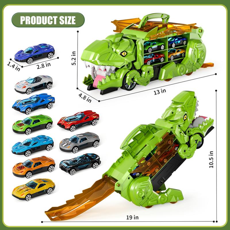 Transformed Dinosaur Truck Toy with 10 Diecast Racing Cars, Dino Transport Car with Wings and Handle , Birthday Gift for