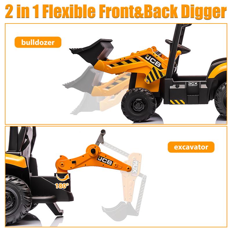 CoCLUB 12V Kids Ride on Excavator Digger Toy Cars, JCB Battery Powered Electric Tractor with Remote Control, Ride on Construction Truck w Adjustable Front and Back Loader for Boys Girls