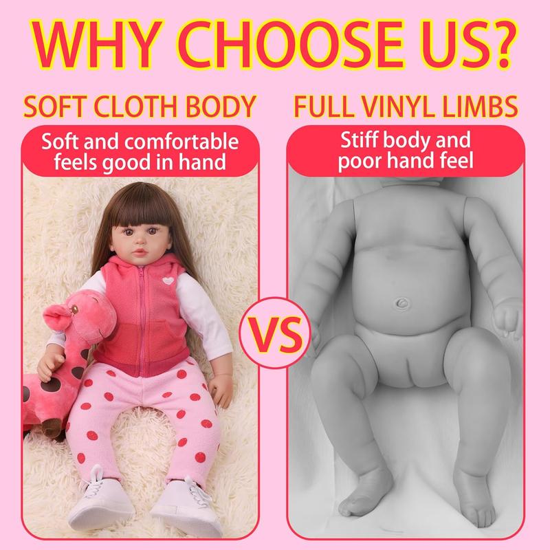 Reborn Baby Dolls 24 Inch Realistic Baby Doll Toddler Girl With Long Hair Weighted Lifelike Baby Vinyl Limbs & Soft Cloth Body Feeding Kit Toys Birth Certificate Accessories Gifts For Kids Age 3+