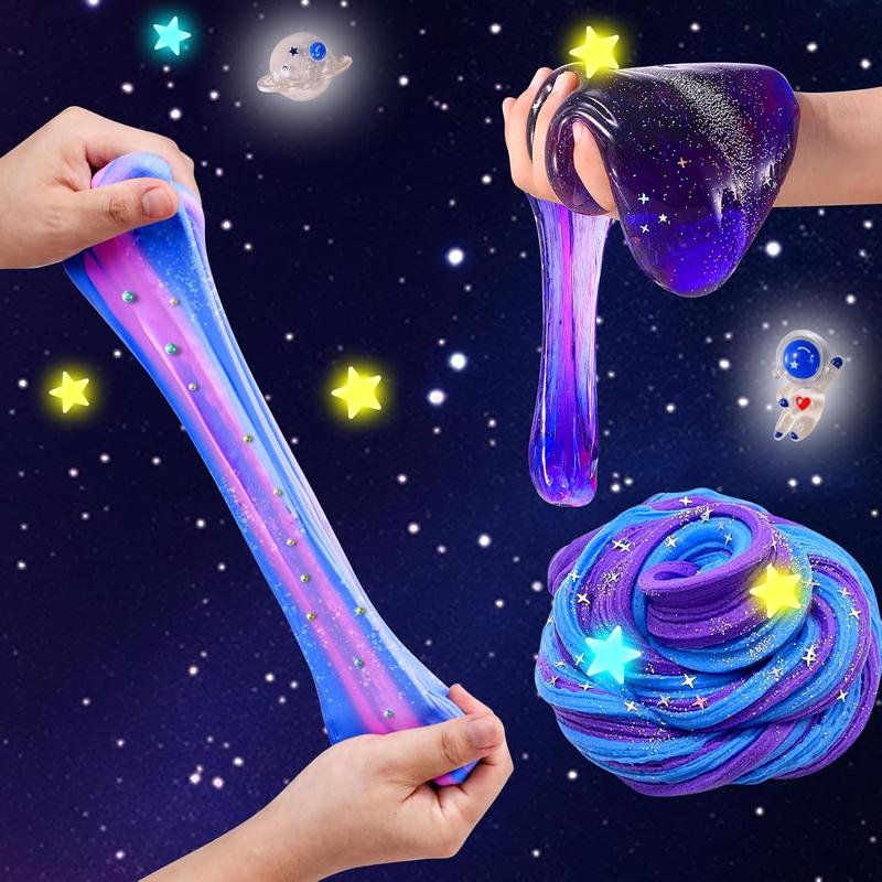 Mini Galaxy Slime Kit, with Glow in The Dark Stickers,Making Butter Slime, Dark Powder to Make Glitter & Galactic Slime, Stress Relief Toys, Party Favors for Kids, for Girls Boys 6 7 8 9 10 11 12