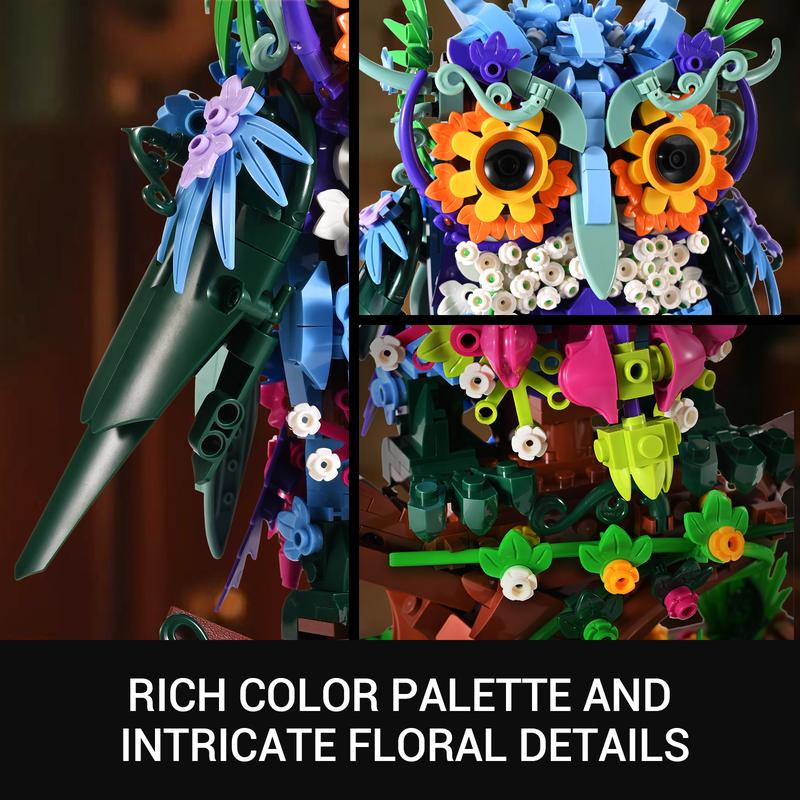 Sillbird Owl Animal Flowers Building Toy Set, MOC Floral Collectible Model for Home Decor or Office Art, Halloween Christmas Birthday Creative Gifts for Adults or Teens Kids 8+, New 2024 (1193 Pieces)