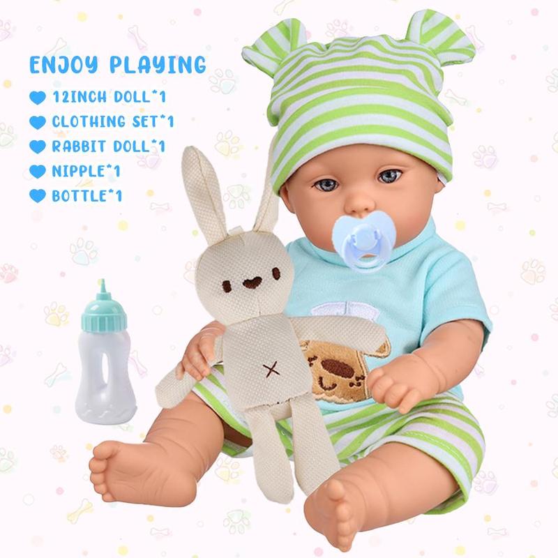 12 Inch Lifelike Newborn Doll, Realistic Faux Doll With Clothes, Pacifier, Bottle, Rabbit Doll, Soft Squeezable Body, Suitable for Gifts