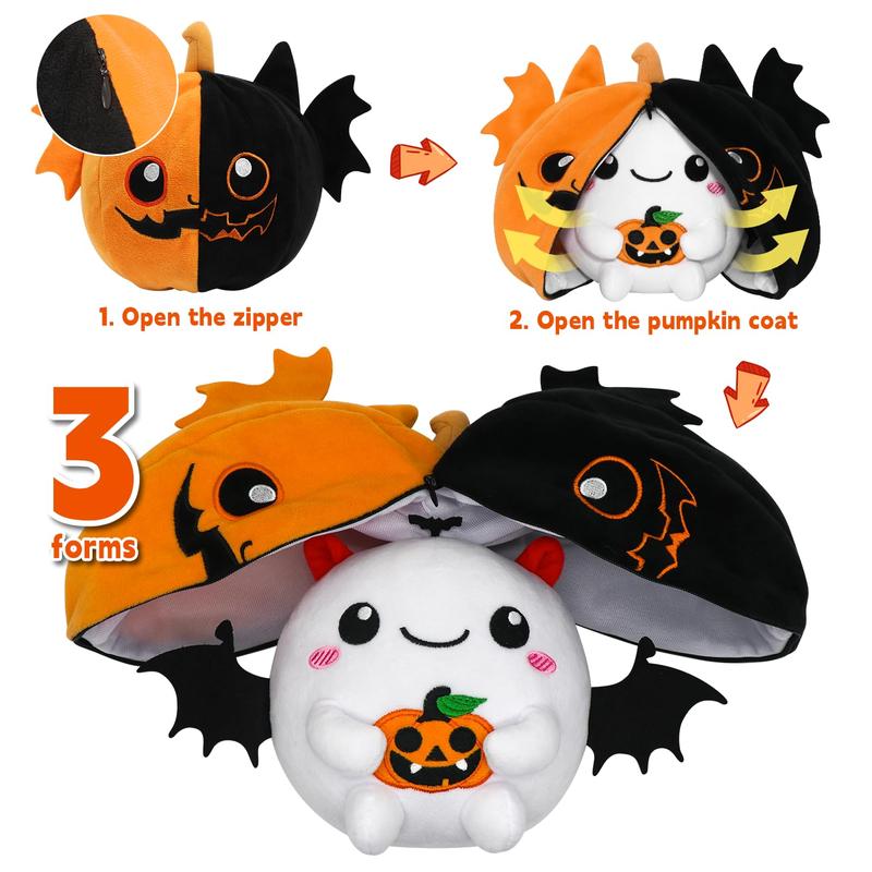 Halloween Stuffed Animal Double Sided Pumpkin Plush Toy, Bat Ghost Deformed Pumpkin Plush Toy Zipper, Suitable for Boys Girls Children's Birthday Gift