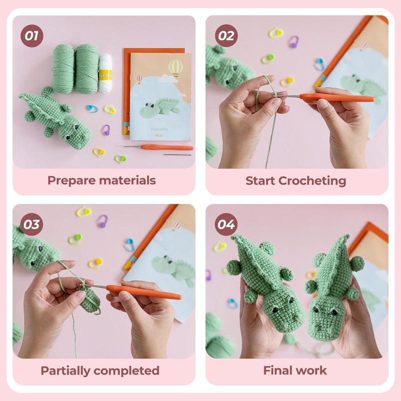 Crochet Starter Kit, 2 Counts set Cute Crocodile Design Crochet Kit, DIY Handmade Lover Starter Kit with Step-by-step English Video Tutorials